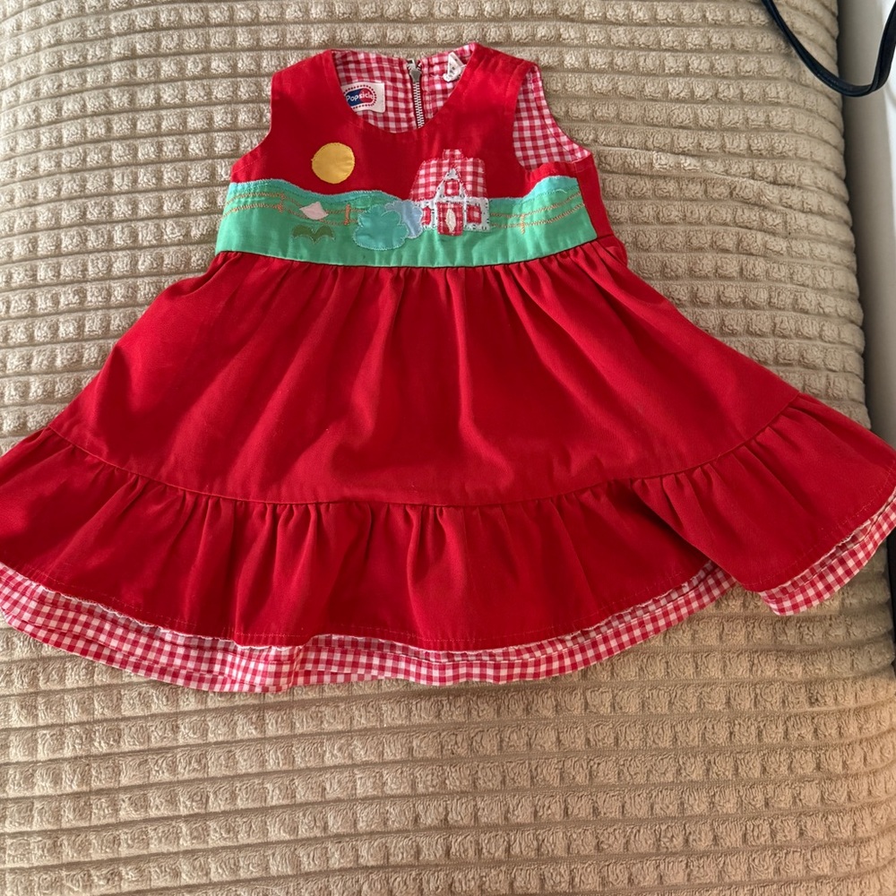 Vintage 80s Kids 3T Pinafore Play Dress Red Canvas Caterpillar Smock Tie Waist